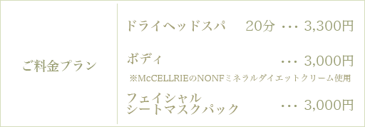ヘッドマッサージ 料金表